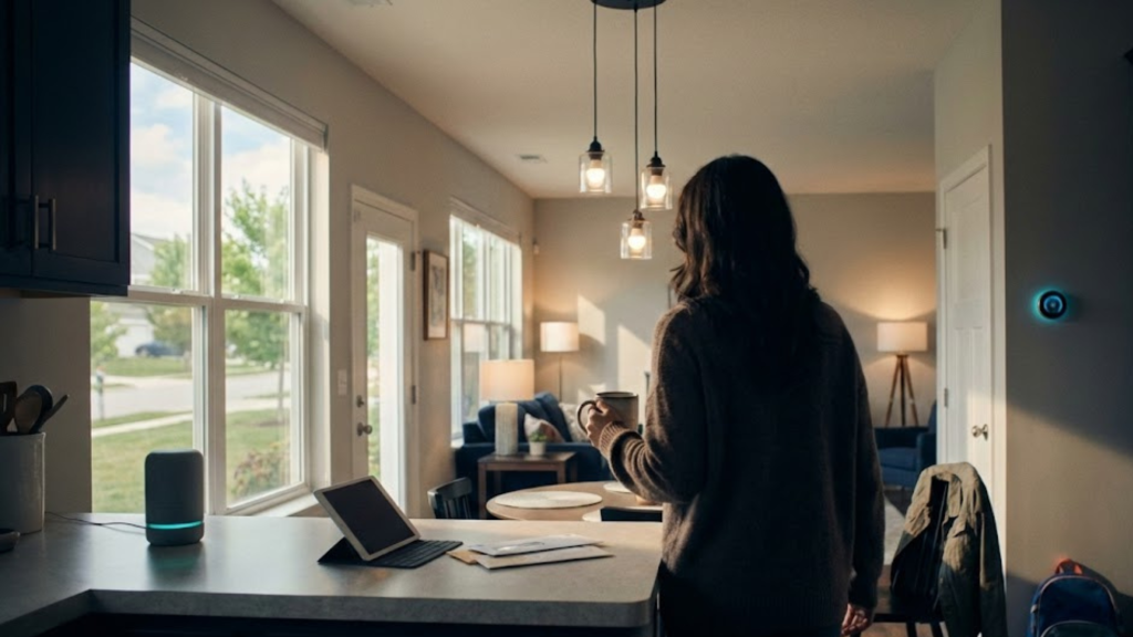 A person stands in a modern, sunlit kitchen holding a mug. A tablet, papers, and a smart speaker sit on the counter. Large windows brighten the space, and a cozy living area is visible in the background.