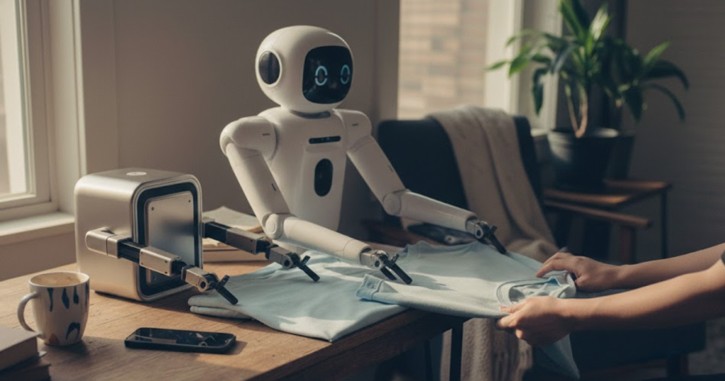 A humanoid robot and a person folding laundry together at a wooden table, with a folding machine also assisting. Sunlight streams through a nearby window, and plants decorate the cozy room.