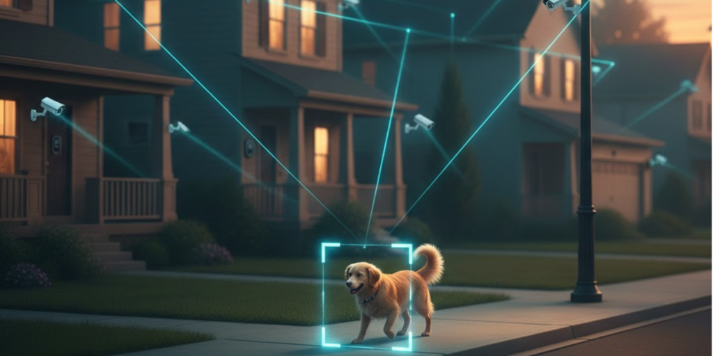 A golden retriever stands on a sidewalk in a suburban neighborhood at dusk, surrounded by digital security camera lines as surveillance cameras monitor the area.