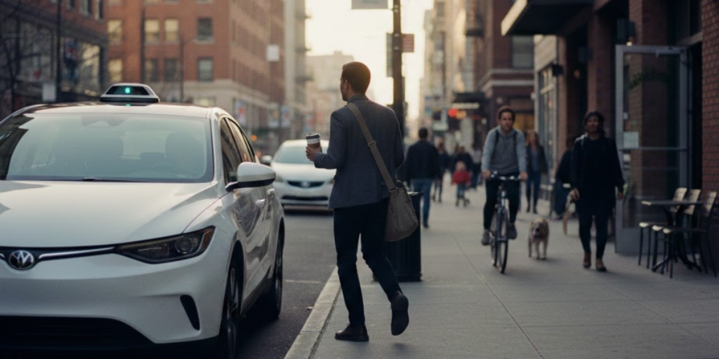 A man with a satchel and coffee walks toward a white car parked on a city street; nearby, a cyclist and a person walking a dog share the sidewalk with pedestrians.