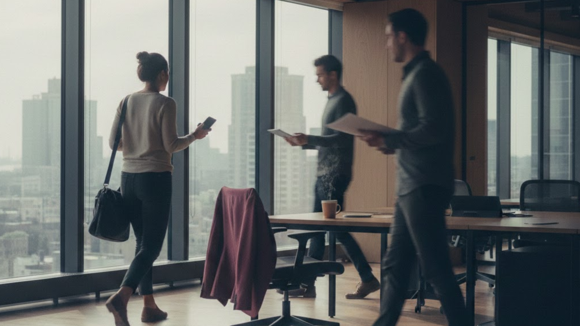 Three people in an office with large windows and a city view; one person stands near the window using a phone, while two others walk past holding papers. A desk with a jacket and cup is in the foreground.