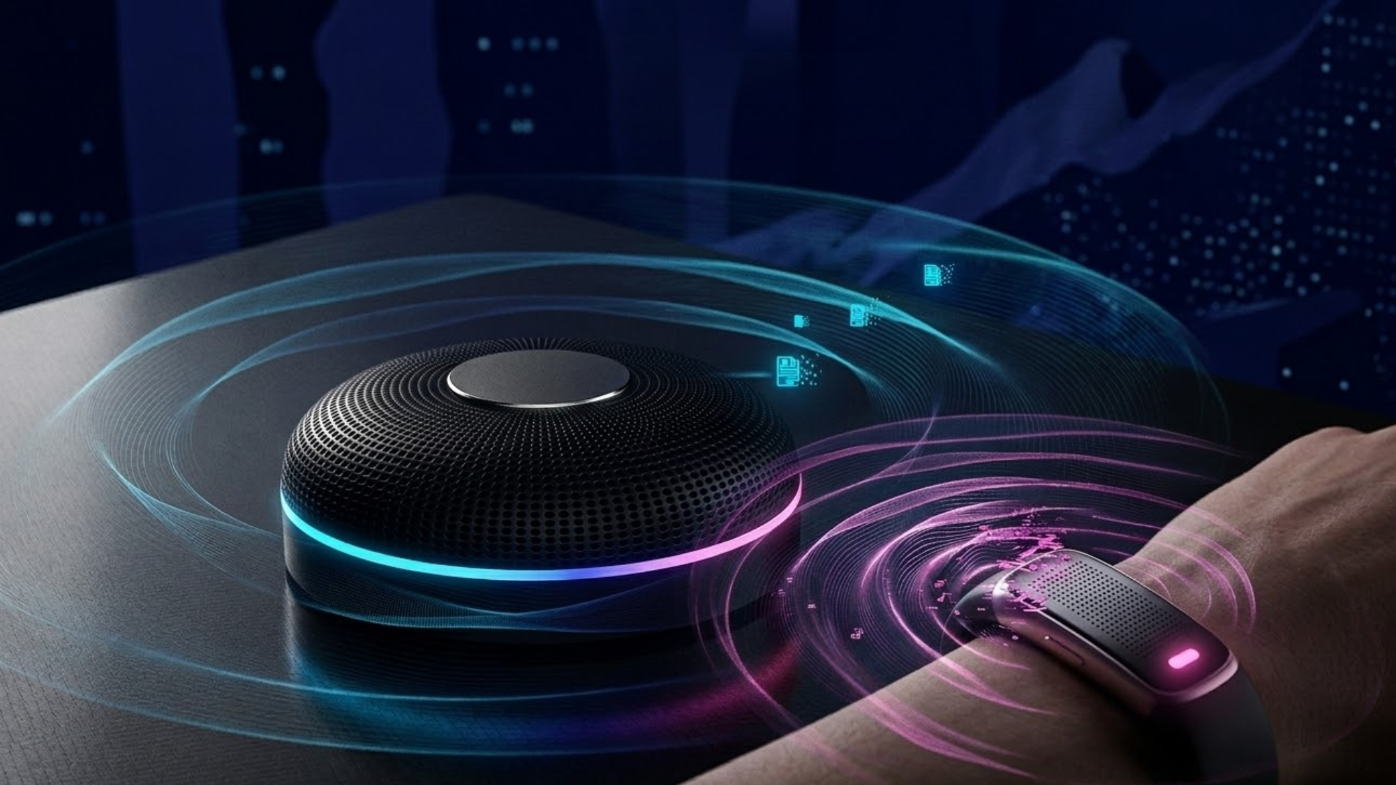 A smart speaker emits glowing blue and pink sound waves toward a wristband on a persons arm, suggesting wireless communication between the two electronic devices on a dark surface.