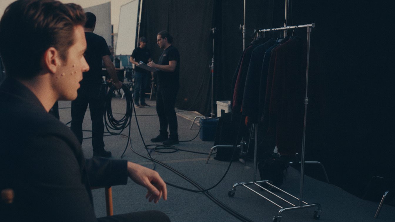 A film set between takes, an extra with faint motion-capture dots on the cheek