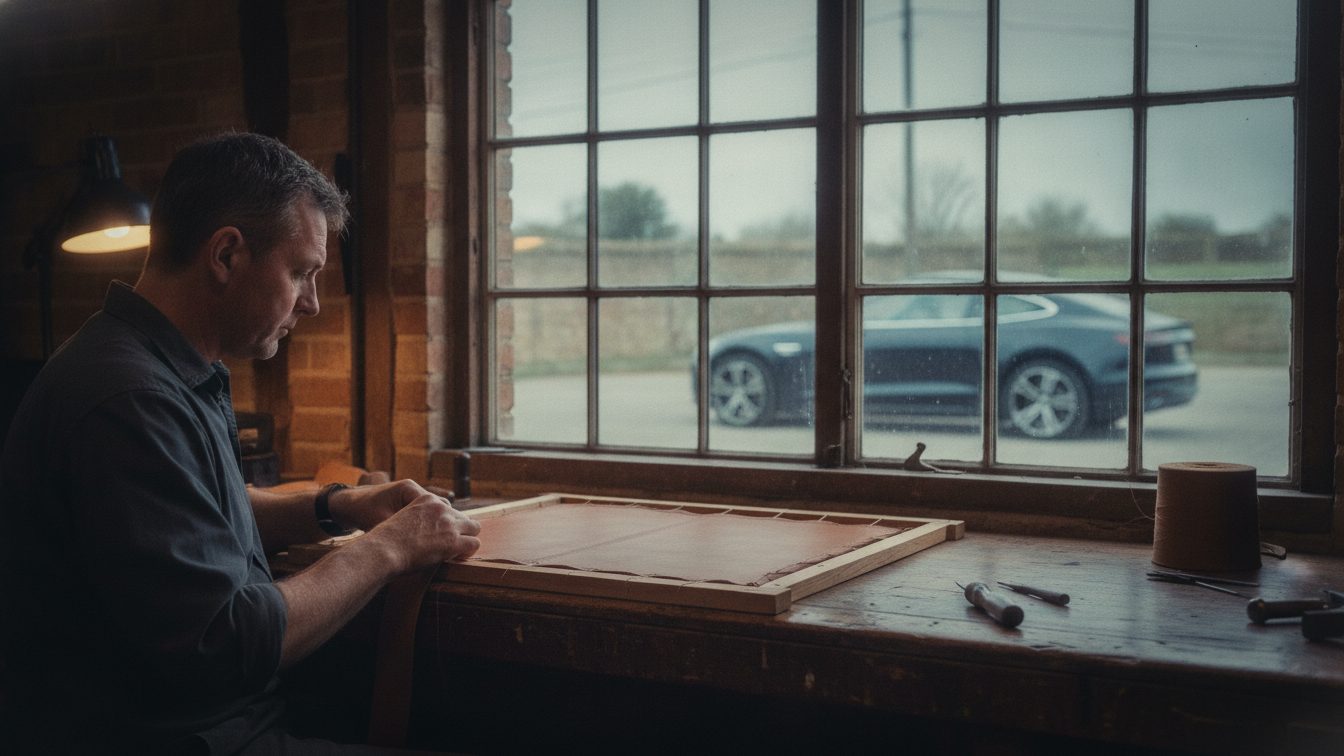 A leather craftsman mid-stitch in a workshop, an electric car reflected in the window