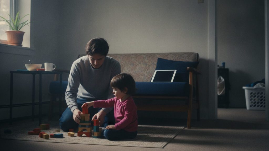 A parent and young child building blocks on an ordinary living-room floor, a tablet resting closed