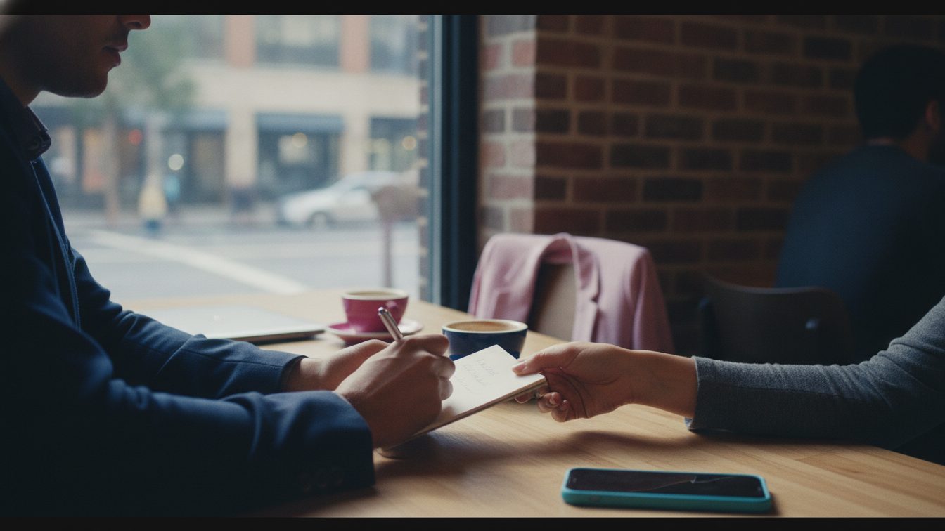 Two people at a cafe table, one handing over a handwritten name, phone face-down