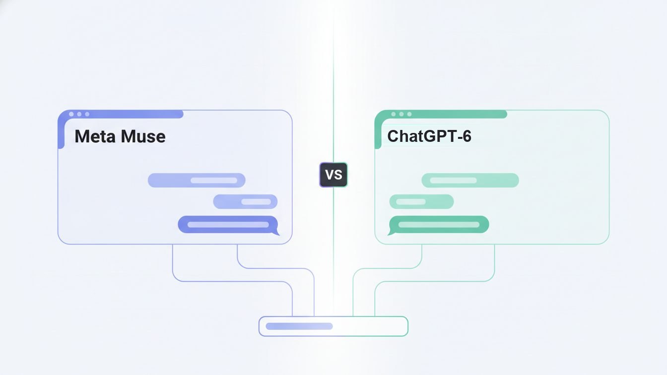 Meta Muse and ChatGPT-6 chat windows side by side with a VS badge, one prompt feeding both